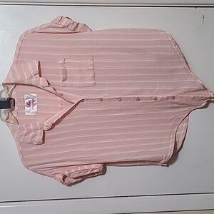 JUSTICE Girls Pink White‎ Striped Button Up Tie at Waist Blouse - Size 12